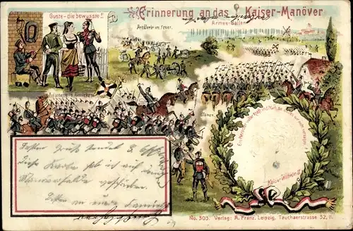 Präge Litho Kaiser Wilhelm II., Kaisermanöver, Artillerie, Ulanen