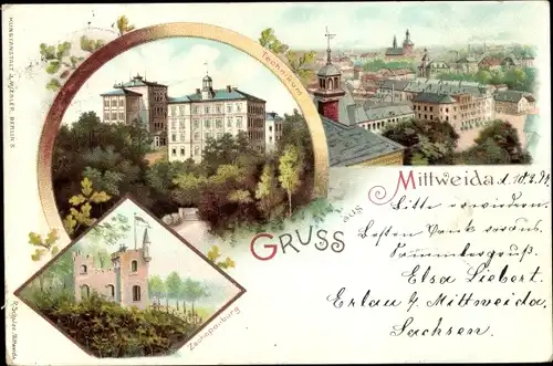 Litho Mittweida in Sachsen, Technikum, Zschopauburg, Blick über die Dächer