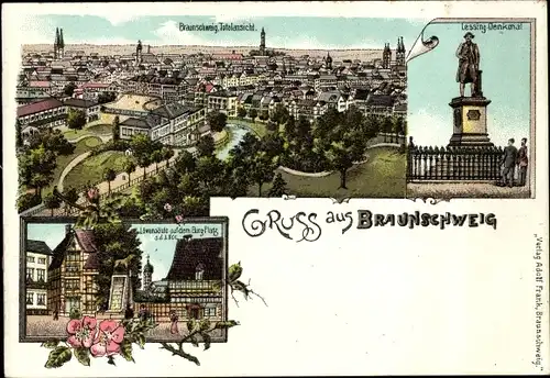 Litho Braunschweig in Niedersachsen, Lessing-Denkmal, Löwensäule auf dem Burg-Platz, Panorama