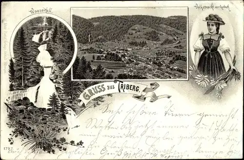 Litho Triberg im Schwarzwald, Gesamtansicht der Stadt, Wasserfall, Volkstracht von Gutach