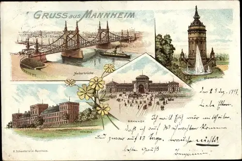 Litho Mannheim in Baden, Wasserturm, Neckarbrücke, Schloss, Bahnhof