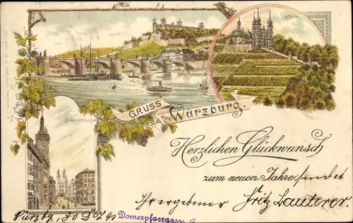 Litho Würzburg am Main Unterfranken, Domstraße, Brücke