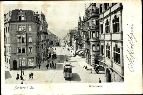 Ak Freiburg im Breisgau, Kaiserstraße, Straßenbahn