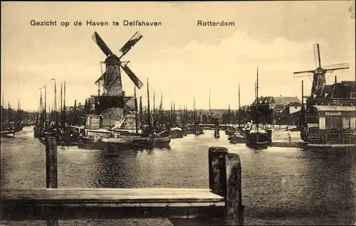 Ak Rotterdam Südholland Niederlande, Hafenpartie mit Windmühle