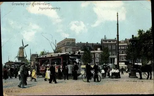 Ak Rotterdam Südholland Niederlande, Hogendorpsplein, Straßenbahn Linie 1, Windmühle