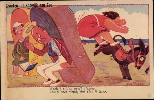 Künstler Ak Miller, Bob, Katwijk aan Zee Südholland Niederlande, Frau wird von Esel getreten