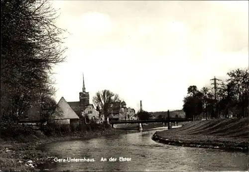 Ak Untermhaus Gera in Thüringen, An der Elster, Kirche, Brücke