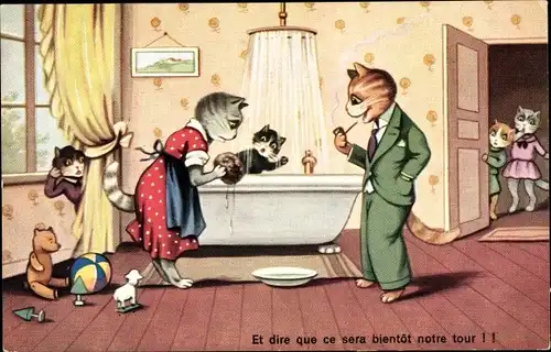 Ak Vermenschlichte Katzen, Familie, Badewanne, Dusche