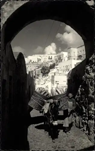 Foto Ak Santorin Thira Griechenland, Le Rue, Esel, Brothändler