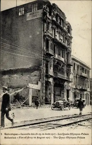 Ak Saloniki Thessaloniki Griechenland, Brand im Jahr 1917, The Quays, Olympos-Palast