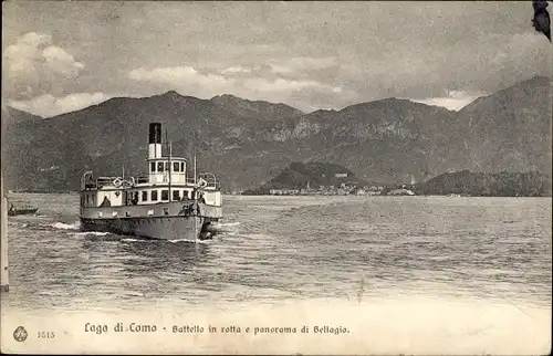 Ak Bellagio Lago di Como Lombardia, Battello in rotta e panorama, Salondampfer