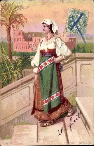 Litho Roma Rom Lazio, Frau in italienischer Tracht, Kolosseum