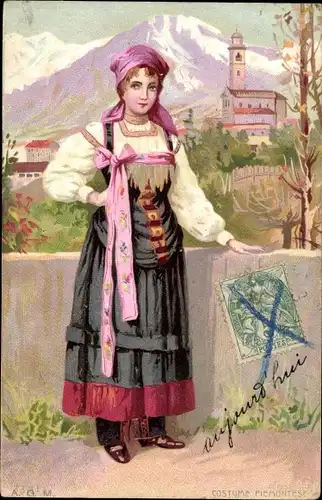 Litho Costume Piemontese, Italienerin in Tracht