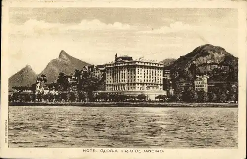 Ak Rio de Janeiro Brasilien, Hotel Gloria vom Wasser aus