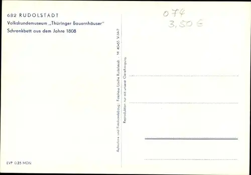 Ak Rudolstadt in Thüringen, Volkskundemuseum Thüringer Bauernhäuser, Schrankbett von 1808