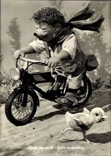 Ak Mecki der Igel, Denk an mich, Fahr vorsichtig, Motorrad, Küken
