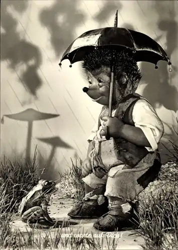 Ak Mecki der Igel, Und warte auf dich, Regen, Frosch, Regenschirm