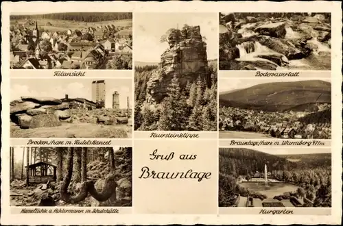 Ak Braunlage im Oberharz, Kurgarten, Feuersteinklippe, Brocken mit Teufelskanzel