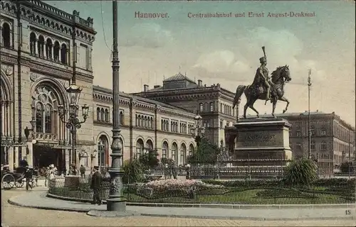 Ak Hannover in Niedersachsen, Centralbahnhof und Ernst August-Denkmal