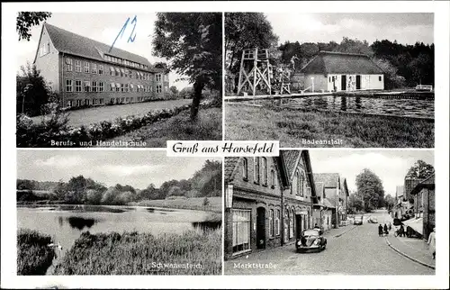 Ak Harsefeld im Kreis Stade, Berufs- und Handelsschule, Badeanstalt, Schwanenteich, Marktstraße