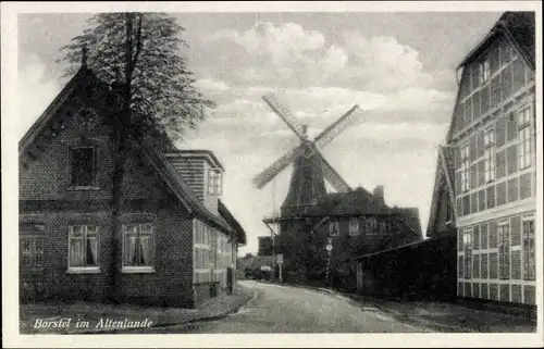 Ak Borstel Jork Alte Land, Straßenpartie, Wohnhäuser, Alte Windmühle