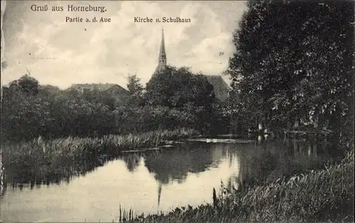 Ak Horneburg im Alten Land, Partie a. d. Aue, Kirche u. Schulhaus