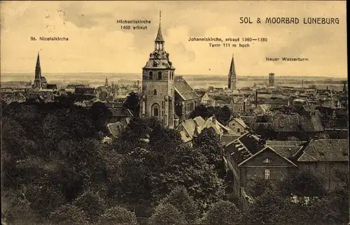 Ak Lüneburg in Niedersachsen, St. Nicolaikirche, Michaeliskirche, Johanniskirche, Neuer Wasserturm