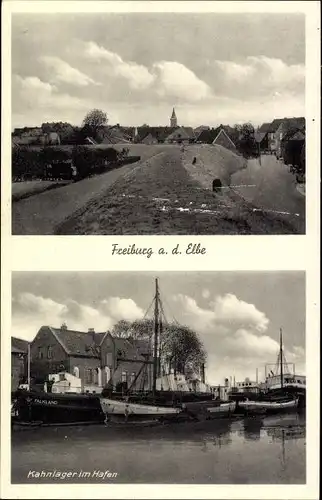 Ak Freiburg an der Elbe, Kahnlager im Hafen, Schiffe