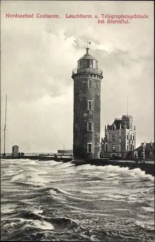 Ak Nordseebad Cuxhaven, Leuchtturm und Telegraphengebäude bei Sturmflut