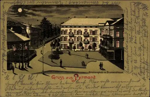 Mondschein Litho Bad Pyrmont in Niedersachsen, Brunnenplatz mit Brunnenstraße