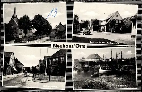 Ak Neuhaus an der Oste, Kirche, Poststraße, Amtsgericht, Bahnhofstraße, Schiffswerft