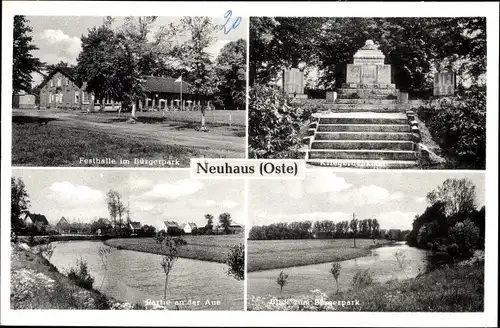 Ak Neuhaus an der Oste, Festhalle im Bürgerpark, Kriegerdenkmal, Partie an der Aue