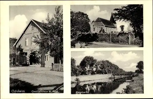 Ak Odisheim in Niedersachsen, Wily Kopf Geschäftshaus, Kirche, Kanalpartie