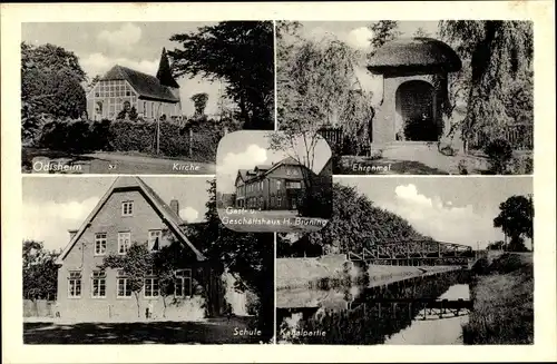 Ak Odisheim in Niedersachsen, Kirche, Ehrenmal, Schule, Kanalpartie, Gast- u. Geschäftshaus Brüning