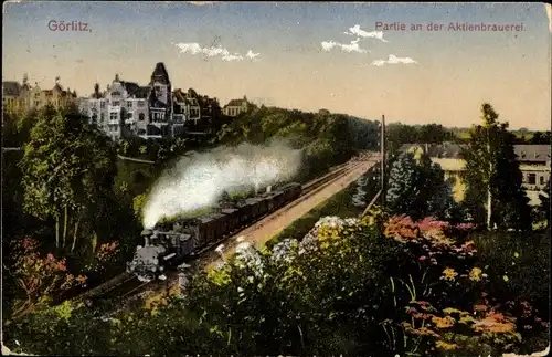 Ak Görlitz in der Lausitz, Partie an der Aktienbrauerei, Eisenbahn