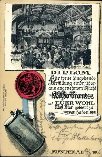 Litho München, Hofbräusaal, Diplom, Siegel, Krug, Kgl. Hofbräuhaus