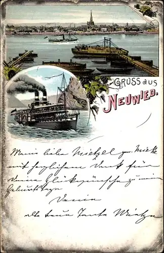 Litho Neuwied in Rheinland Pfalz, Dampferanlegestelle am Rhein, Dampfer