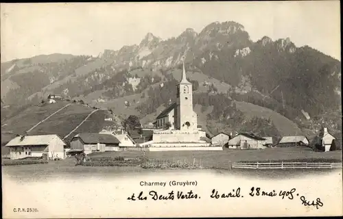 Ak Charmey Freiburg, Teilansicht mit Kirche