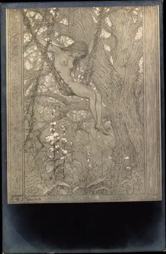 Jugendstil Ak Fidus, Lianenschaukel, nackte Frau