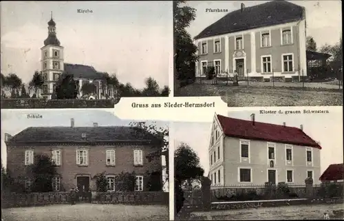 Ak Sobięcin Niederhermsdorf Wałbrzych Waldenburg Niederschlesien, Kirche, Pfarrhaus, Schule, Kloster