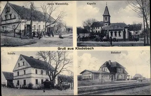 Ak Kłodobok Klodebach Oberschlesien, Janys Warenhandlung, Kapelle, Schule, Bahnhof