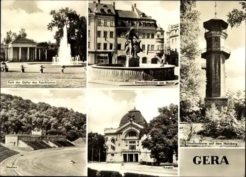 Ak Gera in Thüringen, Im Park OdF, Simsonbrunnen am Markt, Stadion, Theater, Turm auf dem Hainberg