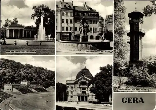 Ak Gera in Thüringen, Park OdF, Simsonbrunnen am Markt, Theater, Stadion, Turm auf dem Hainberg