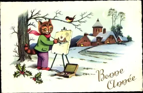 Ak Glückwunsch Neujahr, Vermenschlichte Katze als Maler, Wintermotiv