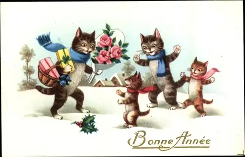 Ak Glückwunsch Neujahr, Vermenschlichte Katzen, Geschenke, Blumenstrauß