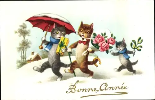 Ak Glückwunsch Neujahr, Vermenschlichte Katzen, Geschenke, Blumenstrauß, Mistelzweig