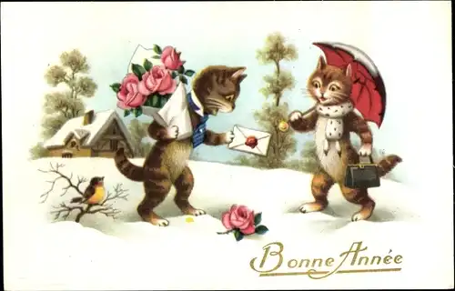 Ak Glückwunsch Neujahr, Vermenschlichte Katzen, Brief, Blumenstrauß