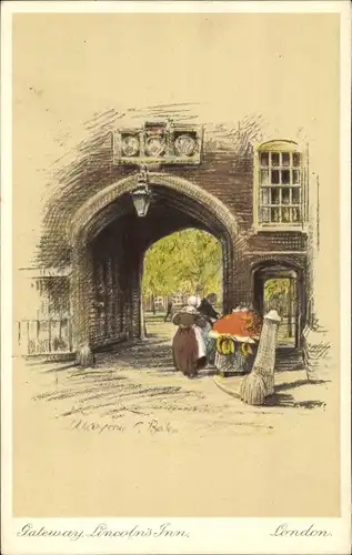 Künstler Ak London City England, Lincoln's Inn, Gateway, Straßenhändler