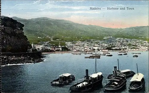Ak Funchal Insel Madeira Portugal, Gesamtansicht mit Hafen