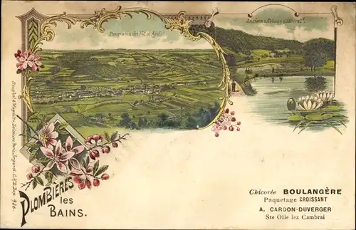 Litho Plombières les Bains Lorraine Vosges, Vue generale, Chicoree Boulangere, A. Caroon Duverger